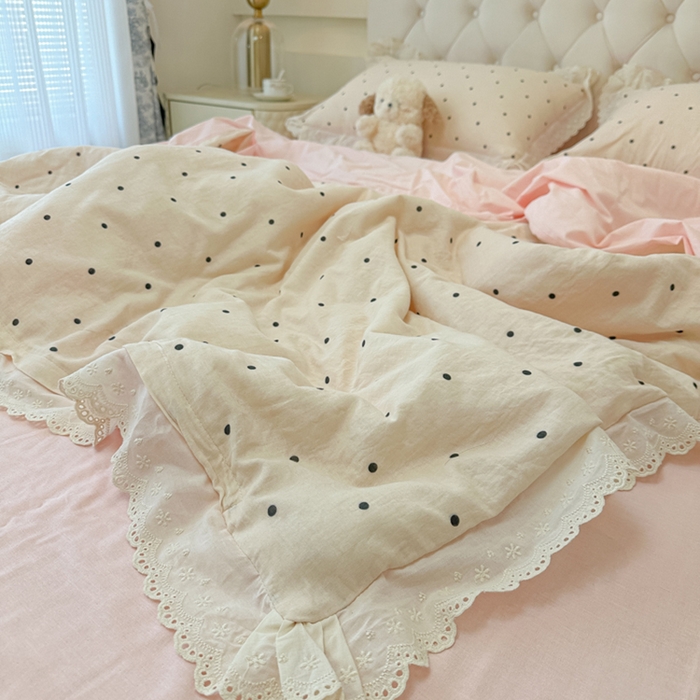 91家纺网 家纺一手货源 找家纺 盼季家纺 2025新款水洗棉蕾丝花边四件套 蕾丝小花边-粉白波点