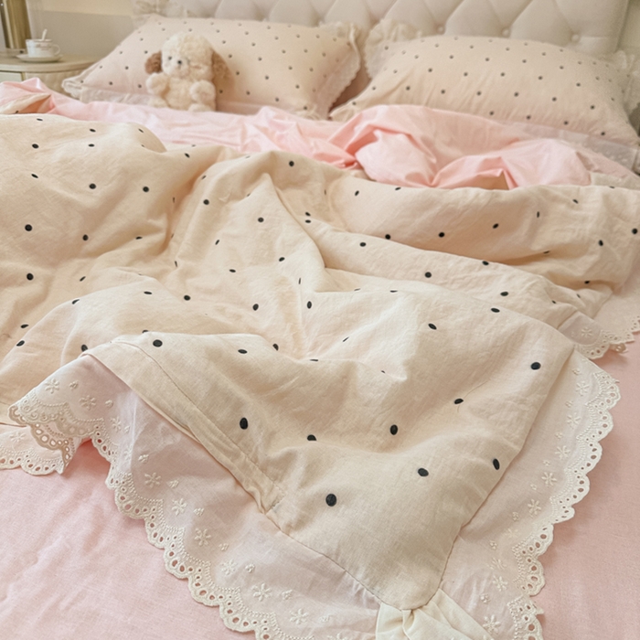 91家纺网 家纺一手货源 找家纺 盼季家纺 2025新款水洗棉蕾丝花边四件套 蕾丝小花边-粉白波点