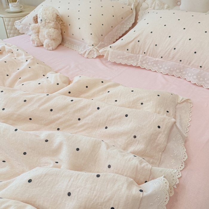 91家纺网 家纺一手货源 找家纺 盼季家纺 2025新款水洗棉蕾丝花边四件套 蕾丝小花边-粉白波点