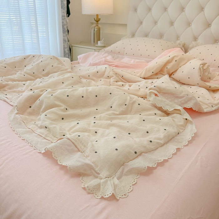 91家纺网 家纺一手货源 找家纺 盼季家纺 2025新款水洗棉蕾丝花边四件套 蕾丝小花边-粉白波点