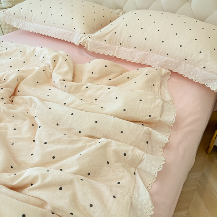 91家纺网 家纺一手货源 找家纺 盼季家纺 2025新款水洗棉蕾丝花边四件套 蕾丝小花边-粉白波点