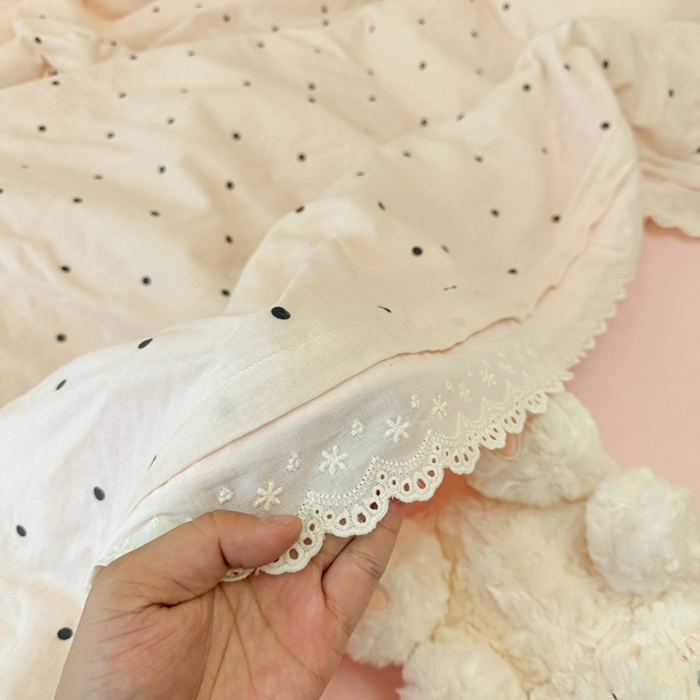 91家纺网 家纺一手货源 找家纺 盼季家纺 2025新款水洗棉蕾丝花边四件套 蕾丝小花边-粉白波点