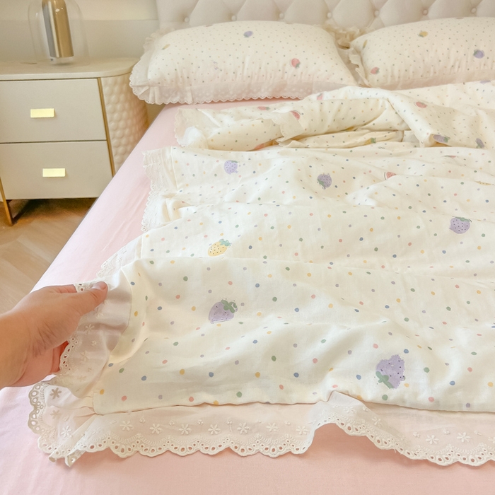 91家纺网 家纺一手货源 找家纺 盼季家纺 2025新款水洗棉蕾丝花边四件套 蕾丝小花边-爱心草莓