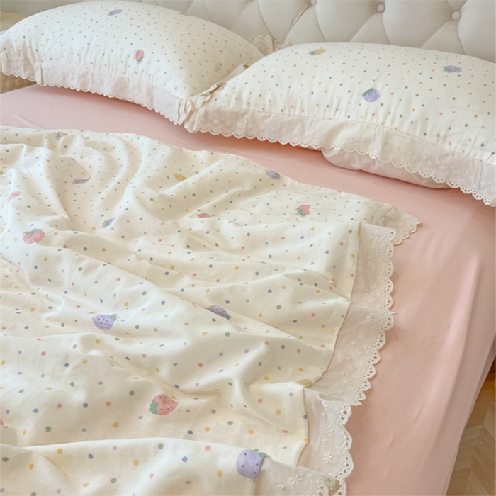 91家纺网 家纺一手货源 找家纺 盼季家纺 2025新款水洗棉蕾丝花边四件套 蕾丝小花边-爱心草莓