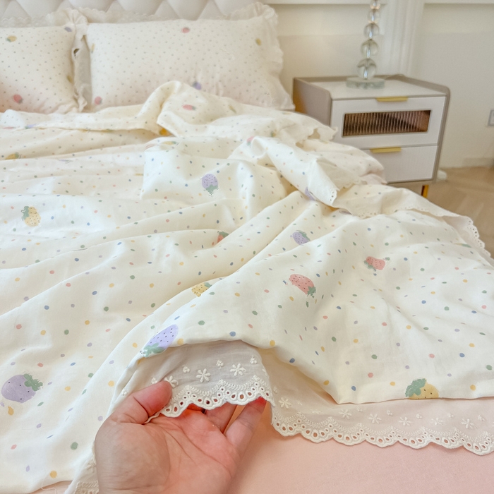 91家纺网 家纺一手货源 找家纺 盼季家纺 2025新款水洗棉蕾丝花边四件套 蕾丝小花边-爱心草莓