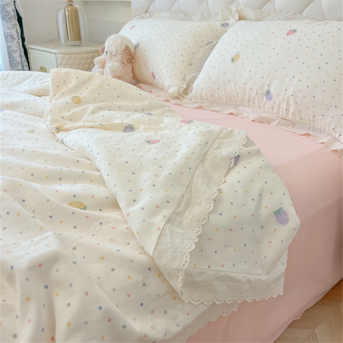 91家纺网 家纺一手货源 找家纺 盼季家纺 2025新款水洗棉蕾丝花边四件套 蕾丝小花边-爱心草莓