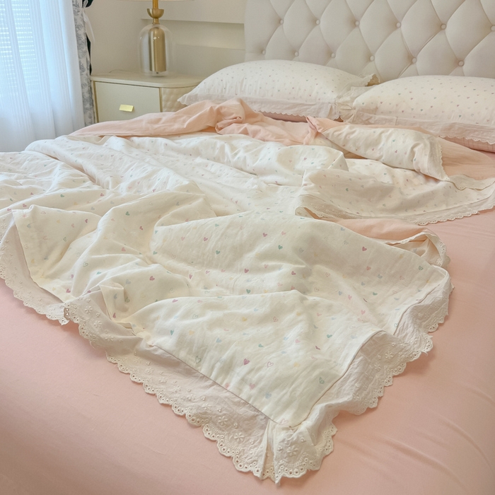 91家纺网 家纺一手货源 找家纺 盼季家纺 2025新款水洗棉蕾丝花边四件套 蕾丝小花边-彩色爱心