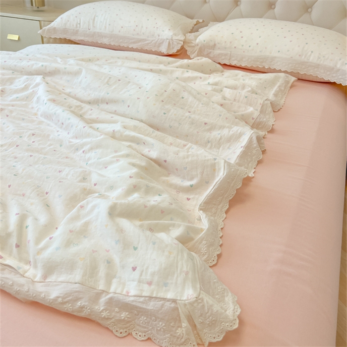 91家纺网 家纺一手货源 找家纺 盼季家纺 2025新款水洗棉蕾丝花边四件套 蕾丝小花边-彩色爱心