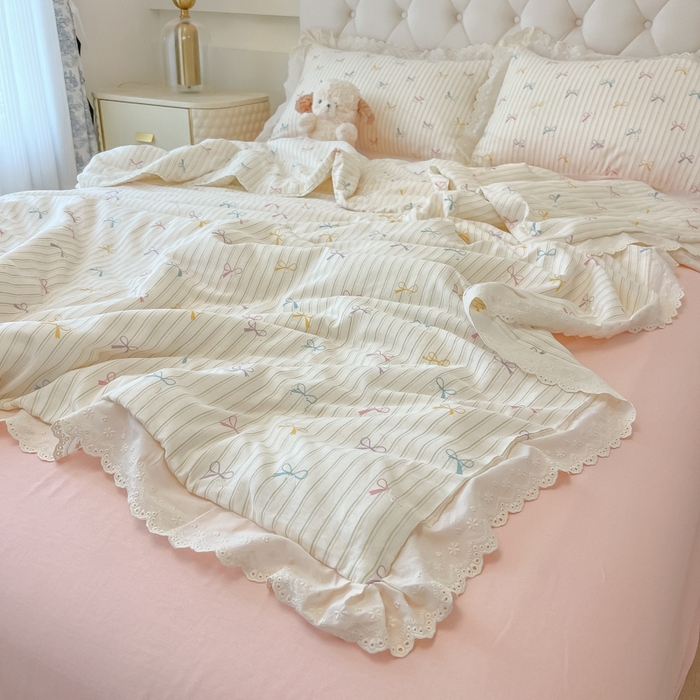 91家纺网 家纺一手货源 找家纺 盼季家纺 2025新款水洗棉蕾丝花边四件套 蕾丝小花边-多彩蝴蝶波波