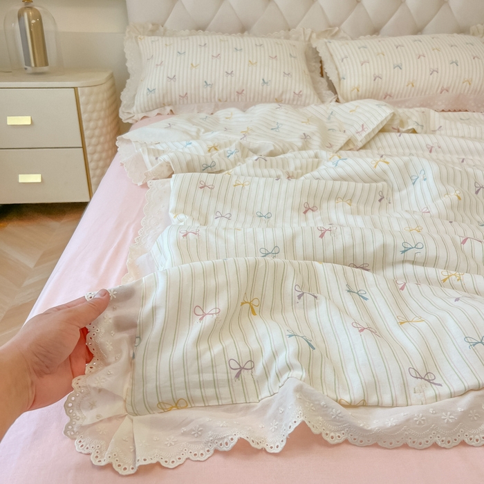 91家纺网 家纺一手货源 找家纺 盼季家纺 2025新款水洗棉蕾丝花边四件套 蕾丝小花边-多彩蝴蝶波波