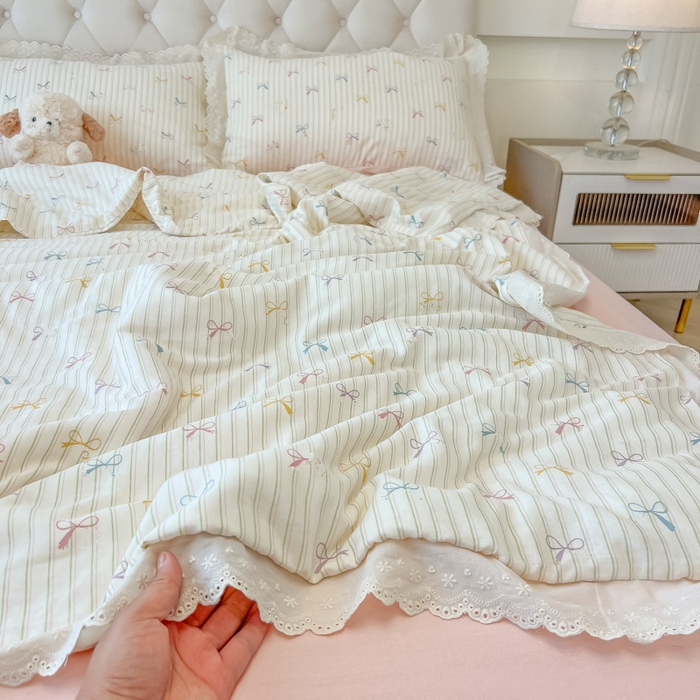 91家纺网 家纺一手货源 找家纺 盼季家纺 2025新款水洗棉蕾丝花边四件套 蕾丝小花边-多彩蝴蝶波波