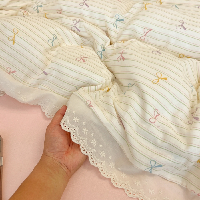 91家纺网 家纺一手货源 找家纺 盼季家纺 2025新款水洗棉蕾丝花边四件套 蕾丝小花边-多彩蝴蝶波波