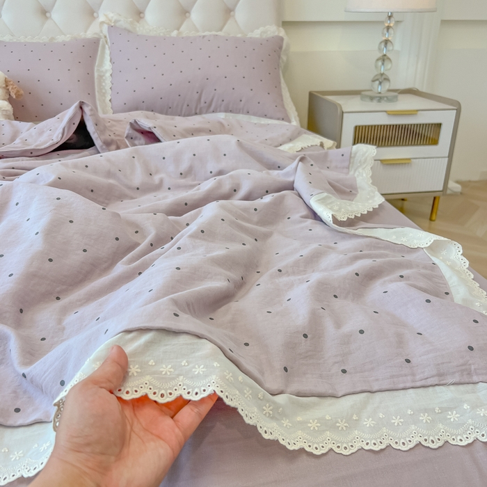 91家纺网 家纺一手货源 找家纺 盼季家纺 2025新款水洗棉蕾丝花边四件套 蕾丝小花边-芋泥点点