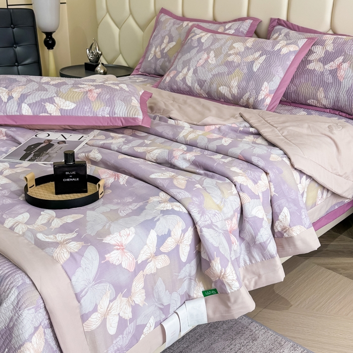 91家纺网 家纺一手货源 找家纺 晨晨家纺 2025新款A类印花莱赛尔天丝软席床盖三件套 梦蝶