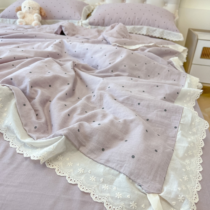 91家纺网 家纺一手货源 找家纺 盼季家纺 2025新款水洗棉蕾丝花边四件套 蕾丝小花边-芋泥点点