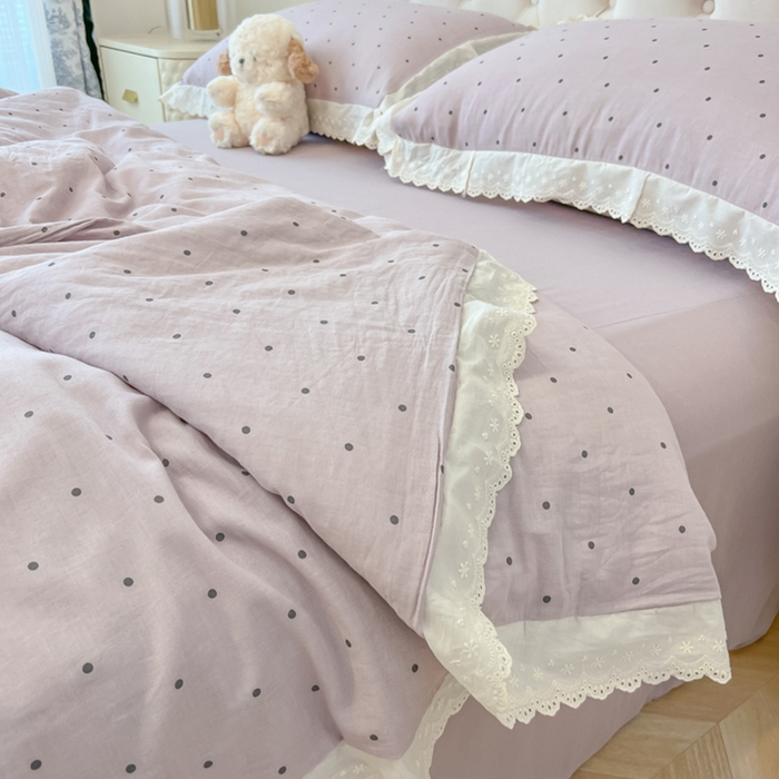 91家纺网 家纺一手货源 找家纺 盼季家纺 2025新款水洗棉蕾丝花边四件套 蕾丝小花边-芋泥点点