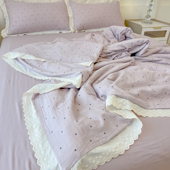 91家纺网 家纺一手货源 找家纺 盼季家纺 2025新款水洗棉蕾丝花边四件套 蕾丝小花边-芋泥点点