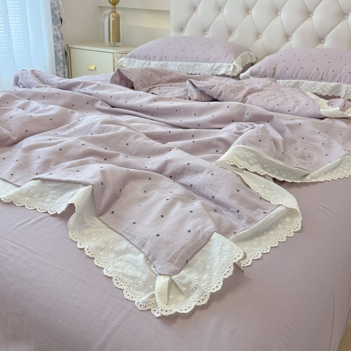 91家纺网 家纺一手货源 找家纺 盼季家纺 2025新款水洗棉蕾丝花边四件套 蕾丝小花边-芋泥点点