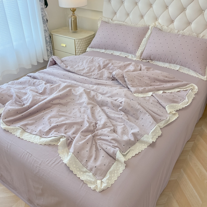 91家纺网 家纺一手货源 找家纺 盼季家纺 2025新款水洗棉蕾丝花边四件套 蕾丝小花边-芋泥点点