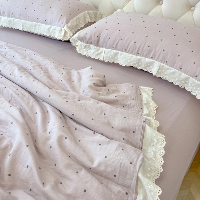 91家纺网 家纺一手货源 找家纺 盼季家纺 2025新款水洗棉蕾丝花边四件套 蕾丝小花边-芋泥点点