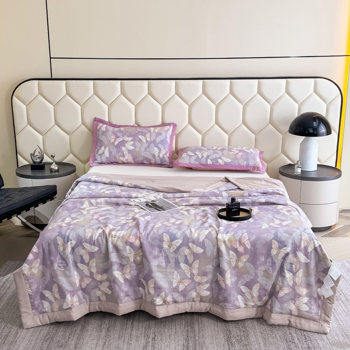 91家纺网 家纺一手货源 找家纺 晨晨家纺 2025新款A类印花莱赛尔天丝软席床盖三件套 梦蝶