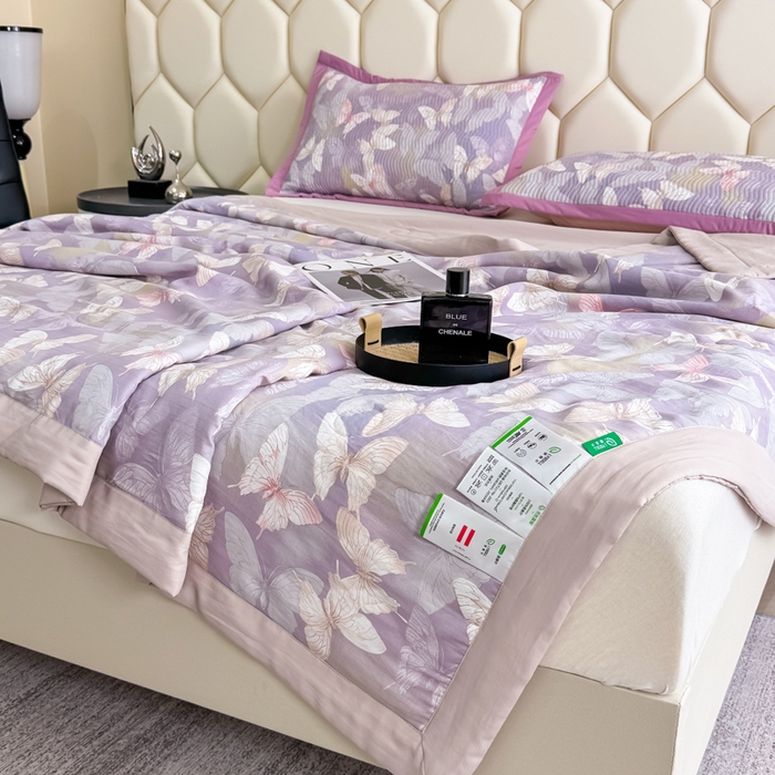 91家纺网 家纺一手货源 找家纺 晨晨家纺 2025新款A类印花莱赛尔天丝软席床盖三件套 梦蝶