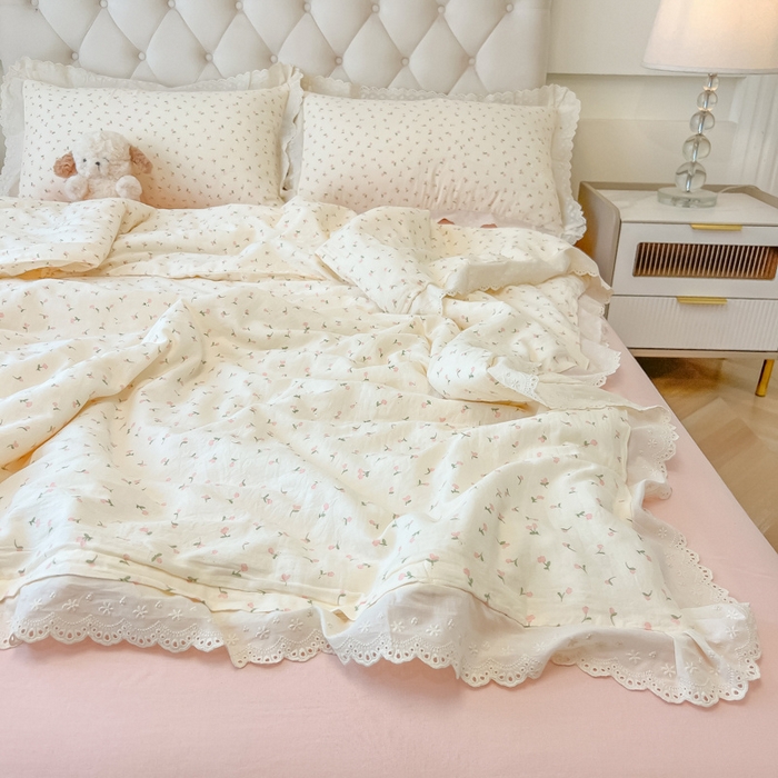 91家纺网 家纺一手货源 找家纺 盼季家纺 2025新款水洗棉蕾丝花边四件套 蕾丝小花边-郁金香