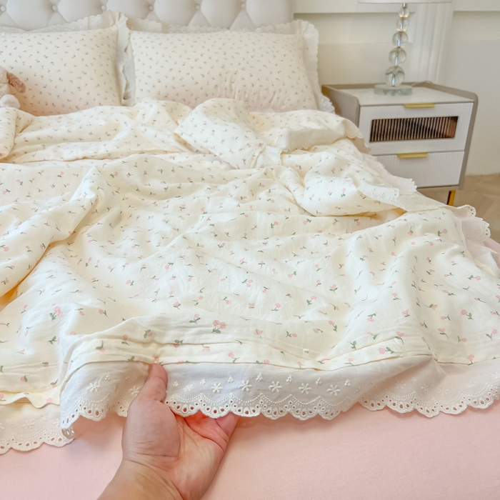 91家纺网 家纺一手货源 找家纺 盼季家纺 2025新款水洗棉蕾丝花边四件套 蕾丝小花边-郁金香