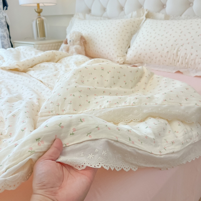 91家纺网 家纺一手货源 找家纺 盼季家纺 2025新款水洗棉蕾丝花边四件套 蕾丝小花边-郁金香