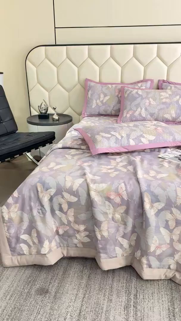 91家纺网 家纺一手货源 找家纺 晨晨家纺 2025新款A类印花莱赛尔天丝软席床盖三件套 梦蝶