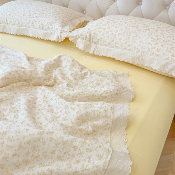 91家纺网 家纺一手货源 找家纺 盼季家纺 2025新款水洗棉蕾丝花边四件套 小蕾丝花边-春芽