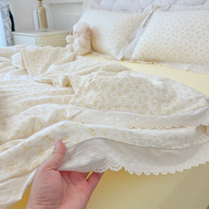 91家纺网 家纺一手货源 找家纺 盼季家纺 2025新款水洗棉蕾丝花边四件套 小蕾丝花边-春芽