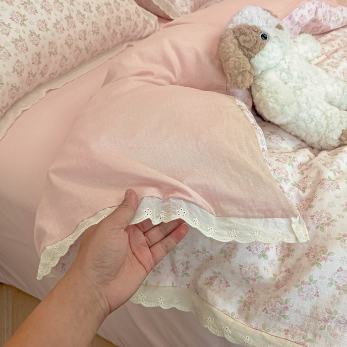 91家纺网 家纺一手货源 找家纺 盼季家纺 2025新款水洗棉蕾丝花边四件套 小蕾丝花边-粉小黛