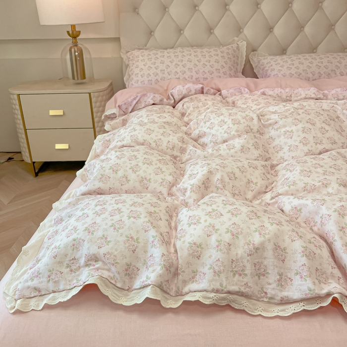 91家纺网 家纺一手货源 找家纺 盼季家纺 2025新款水洗棉蕾丝花边四件套 小蕾丝花边-粉小黛