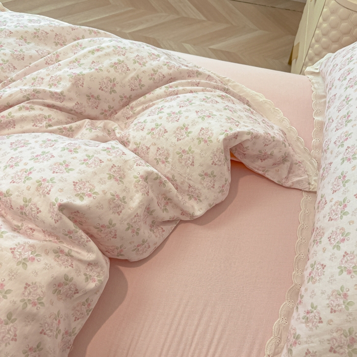 91家纺网 家纺一手货源 找家纺 盼季家纺 2025新款水洗棉蕾丝花边四件套 小蕾丝花边-粉小黛