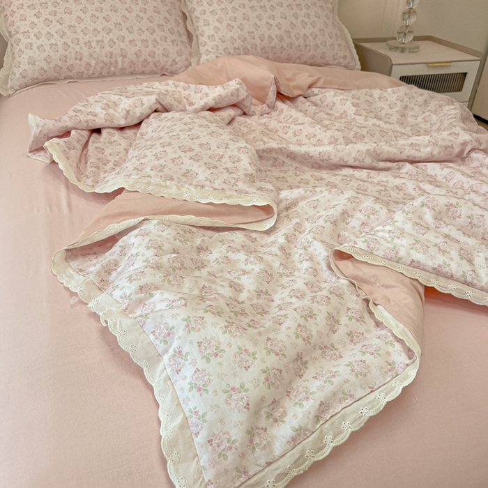 91家纺网 家纺一手货源 找家纺 盼季家纺 2025新款水洗棉蕾丝花边四件套 小蕾丝花边-粉小黛