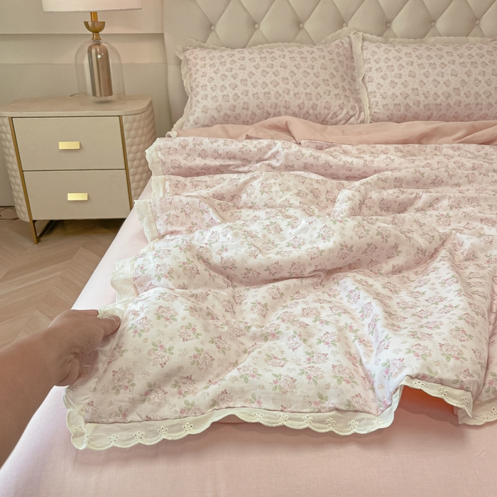 91家纺网 家纺一手货源 找家纺 盼季家纺 2025新款水洗棉蕾丝花边四件套 小蕾丝花边-粉小黛
