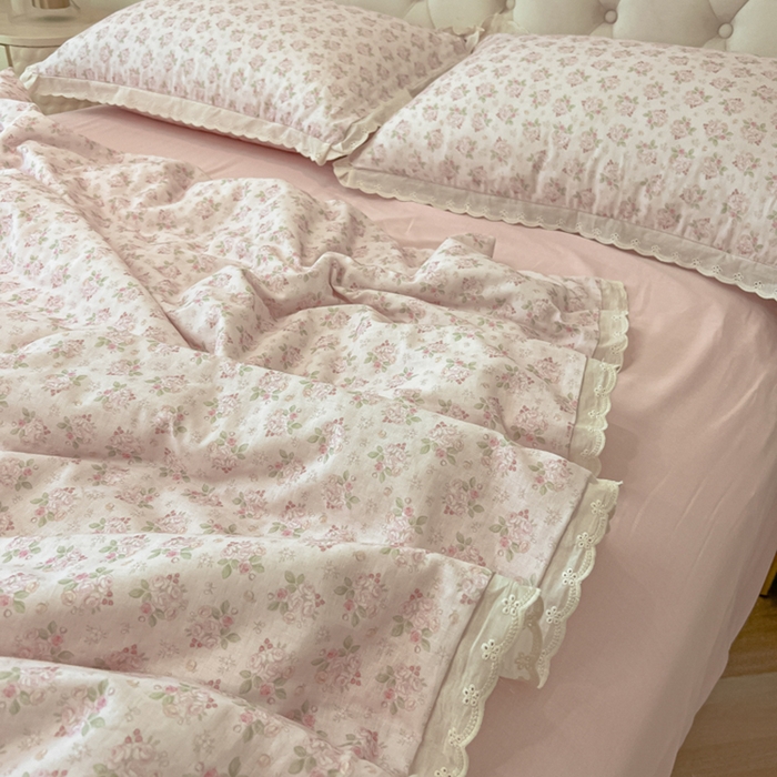 91家纺网 家纺一手货源 找家纺 盼季家纺 2025新款水洗棉蕾丝花边四件套 小蕾丝花边-粉小黛