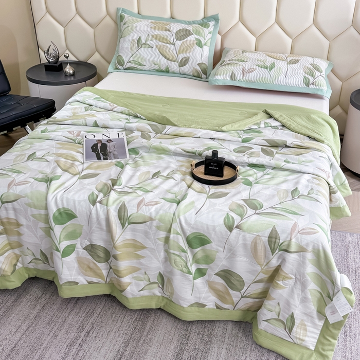 91家纺网 家纺一手货源 找家纺 晨晨家纺 2025新款A类印花莱赛尔天丝软席床盖三件套 语叶