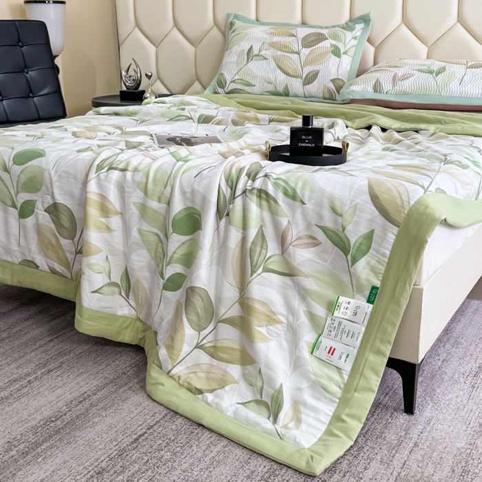 91家纺网 家纺一手货源 找家纺 晨晨家纺 2025新款A类印花莱赛尔天丝软席床盖三件套 语叶