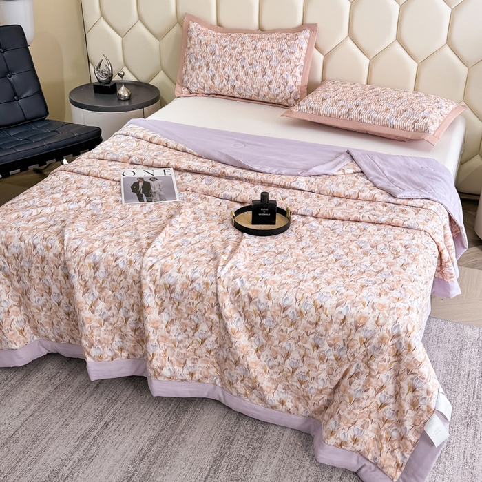 91家纺网 家纺一手货源 找家纺 晨晨家纺 2025新款A类印花莱赛尔天丝软席床盖三件套 紫韵