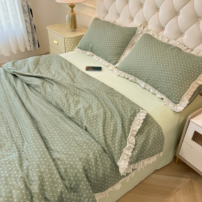 91家纺网 家纺一手货源 找家纺 盼季家纺 2025新款水洗棉蕾丝花边四件套 小蕾丝花边-抹茶波波