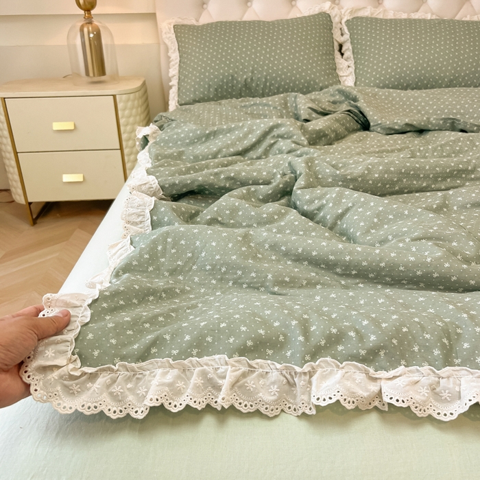 91家纺网 家纺一手货源 找家纺 盼季家纺 2025新款水洗棉蕾丝花边四件套 小蕾丝花边-抹茶波波
