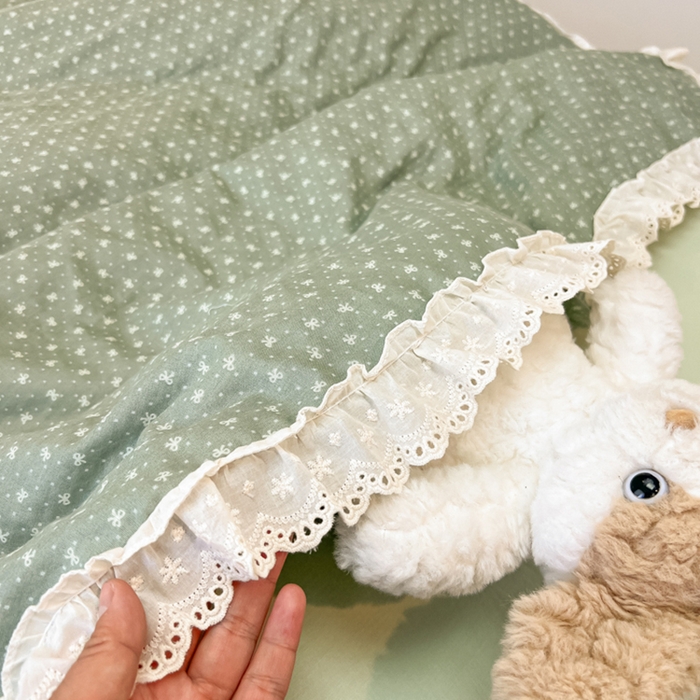 91家纺网 家纺一手货源 找家纺 盼季家纺 2025新款水洗棉蕾丝花边四件套 小蕾丝花边-抹茶波波