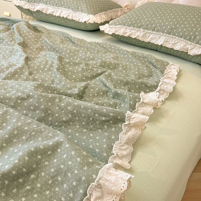 91家纺网 家纺一手货源 找家纺 盼季家纺 2025新款水洗棉蕾丝花边四件套 小蕾丝花边-抹茶波波
