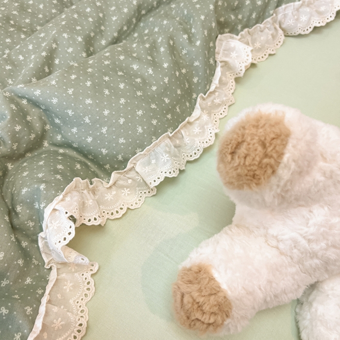 91家纺网 家纺一手货源 找家纺 盼季家纺 2025新款水洗棉蕾丝花边四件套 小蕾丝花边-抹茶波波