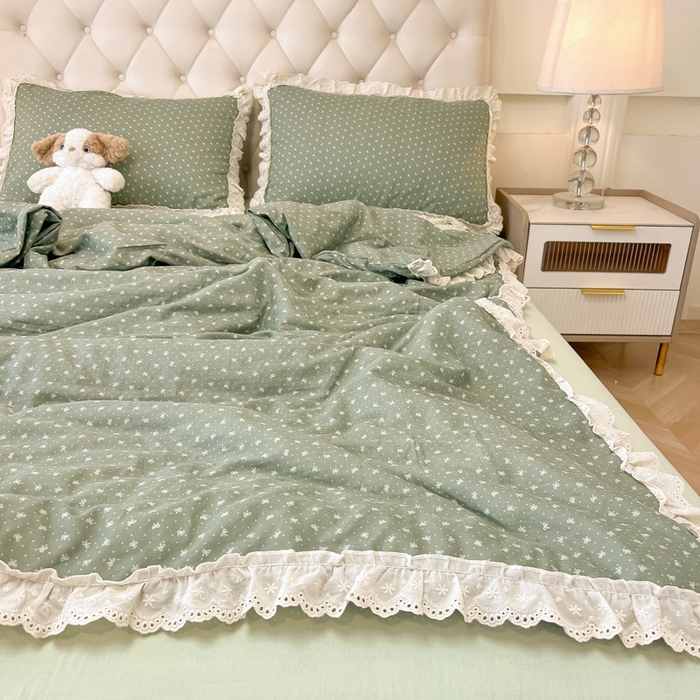 91家纺网 家纺一手货源 找家纺 盼季家纺 2025新款水洗棉蕾丝花边四件套 小蕾丝花边-抹茶波波