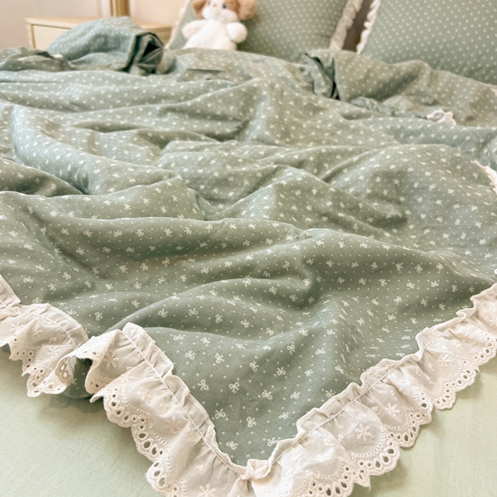 91家纺网 家纺一手货源 找家纺 盼季家纺 2025新款水洗棉蕾丝花边四件套 小蕾丝花边-抹茶波波