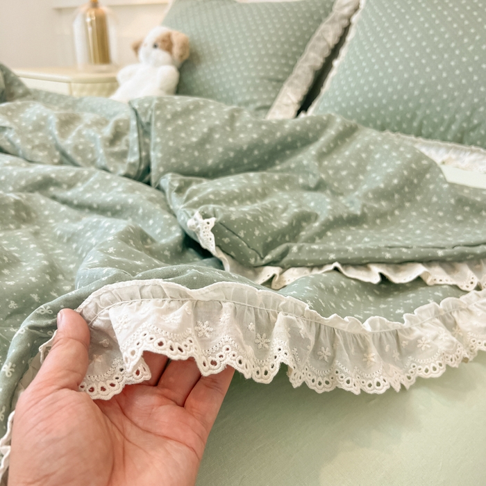 91家纺网 家纺一手货源 找家纺 盼季家纺 2025新款水洗棉蕾丝花边四件套 小蕾丝花边-抹茶波波
