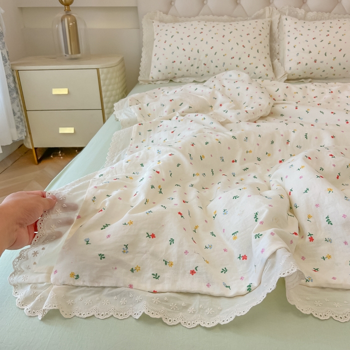 91家纺网 家纺一手货源 找家纺 盼季家纺 2025新款水洗棉蕾丝花边四件套 小蕾丝花边-香颂花从